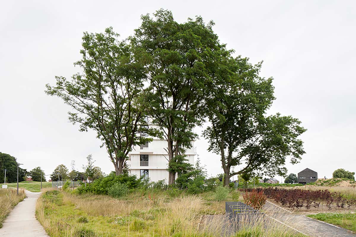 Photograph of an apartment building behind trees-(c)an vanderhoydonck&B architecten&ilse liekens