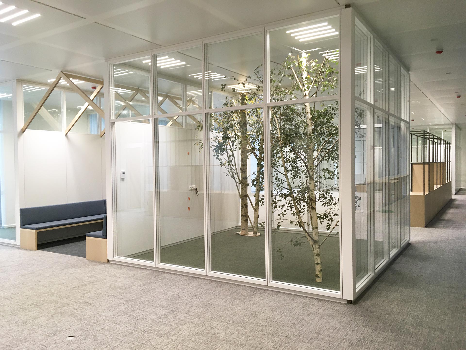 interior of an office building showing a glass cubicle with trees-(c)an vanderhoydonck